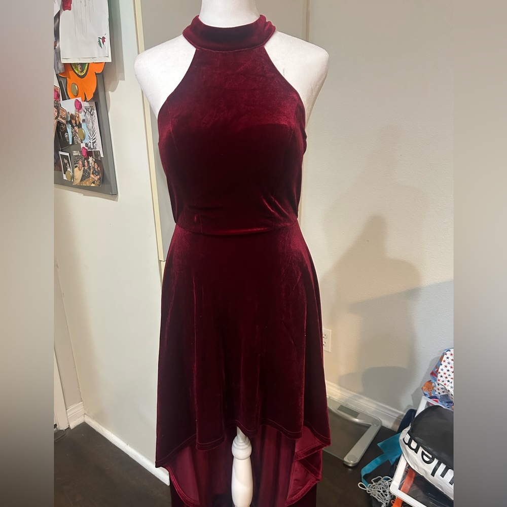 Deep red velvet high low dress